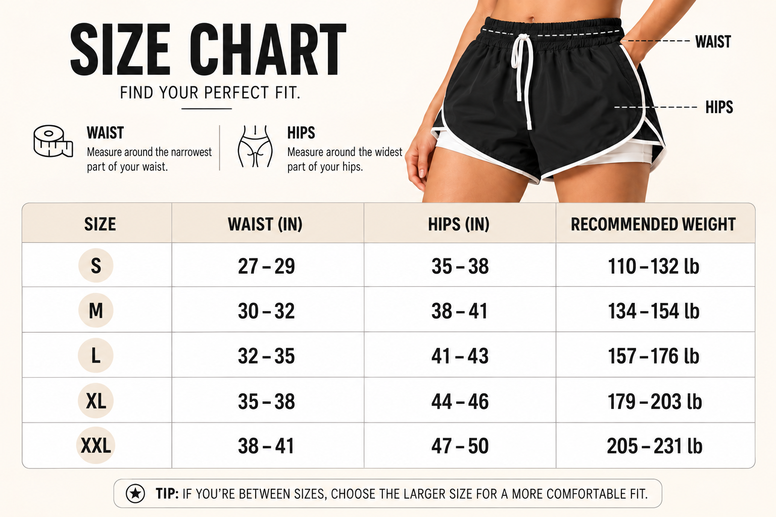Size chart with waist, hips, and recommended weight measurements