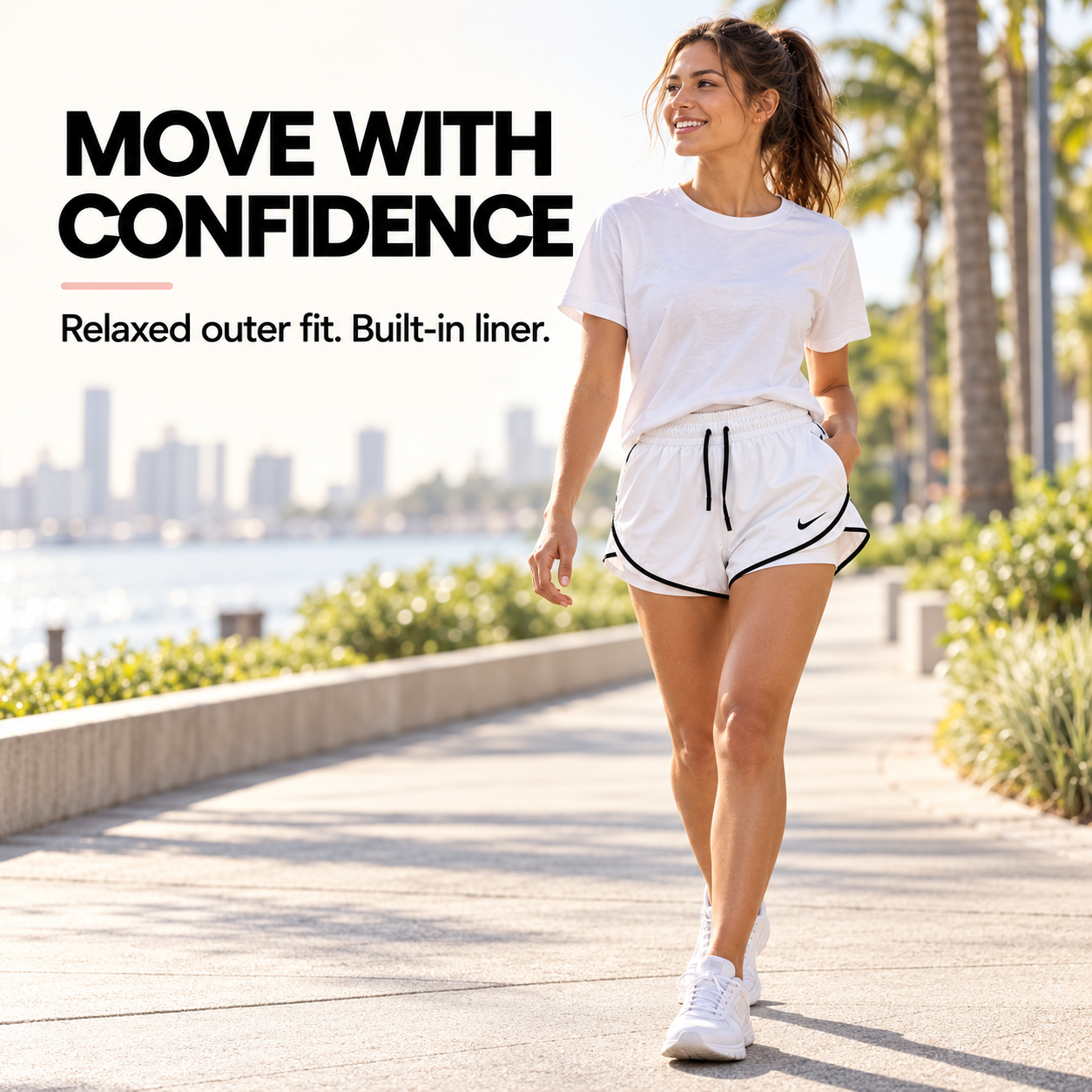 Woman walking outdoors in white 2-in-1 shorts